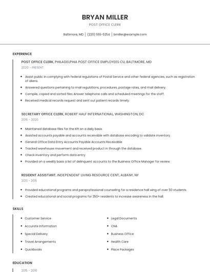 Post Office Clerk Resume