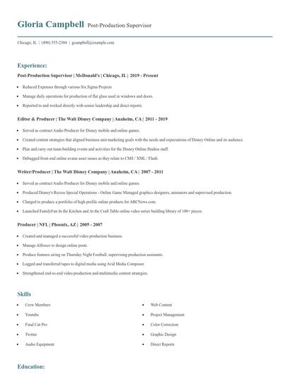 Post-Production Supervisor Resume