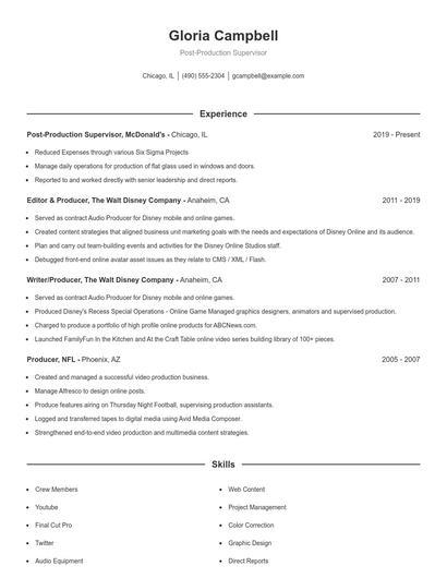 Post-Production Supervisor Resume