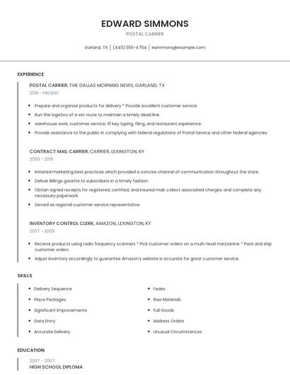 Postal Carrier Resume