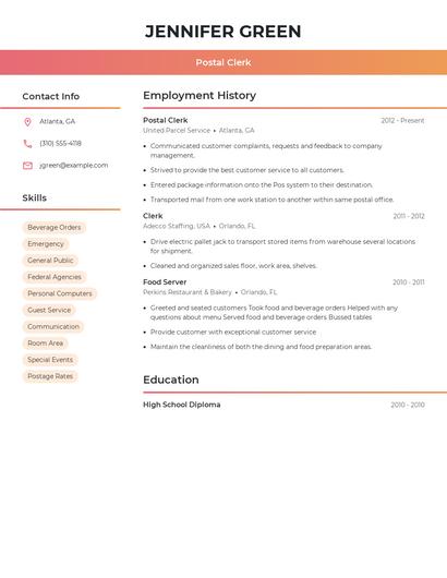Postal Clerk Resume