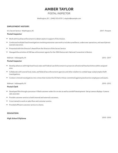 Postal Inspector Resume