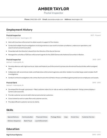 Postal Inspector Resume