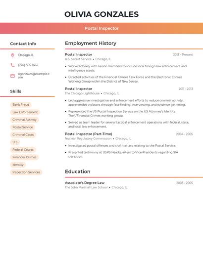 Postal Inspector Resume