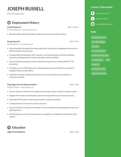 Postal Inspector Resume