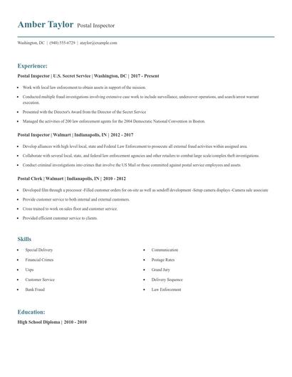 Postal Inspector Resume