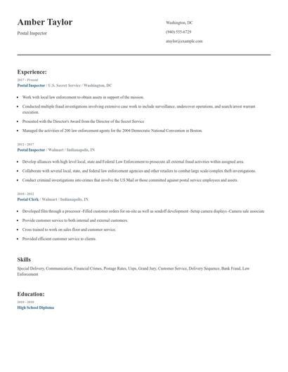 Postal Inspector Resume