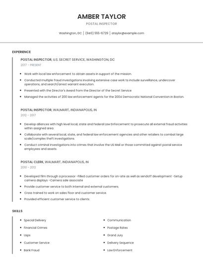 Postal Inspector Resume