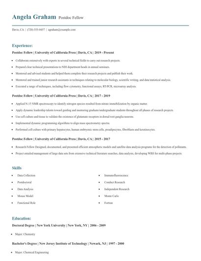Postdoc Fellow Resume