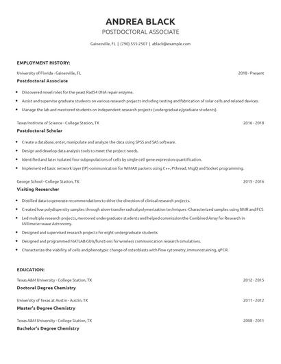 Postdoctoral Associate Resume