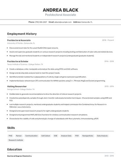 Postdoctoral Associate Resume
