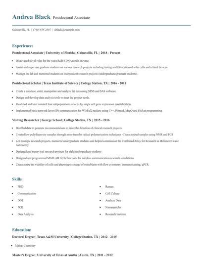 Postdoctoral Associate Resume