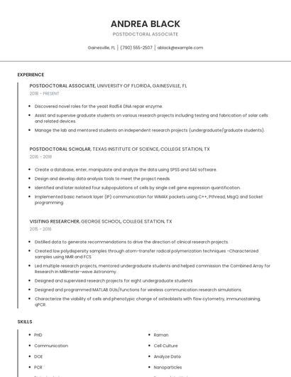 Postdoctoral Associate Resume