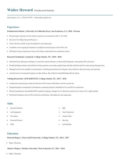Postdoctoral Scholar Resume