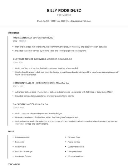 Postmaster Resume
