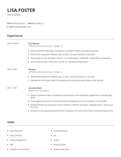 Pot Washer Resume