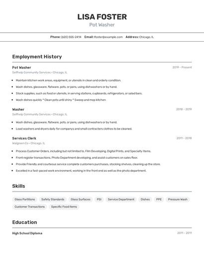 Pot Washer Resume