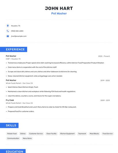 Pot Washer Resume