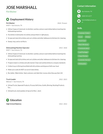 Pot Washer Resume