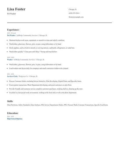 Pot Washer Resume