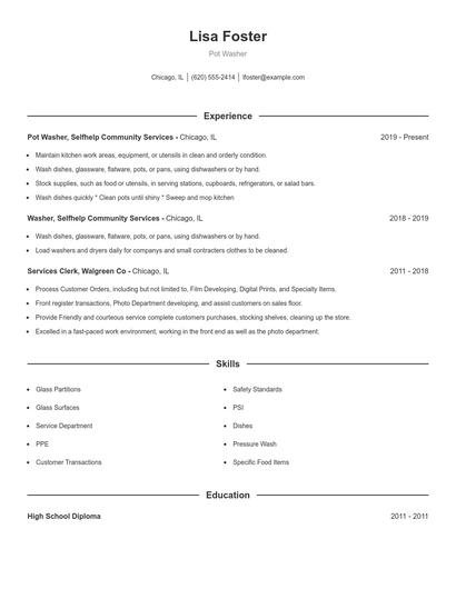 Pot Washer Resume