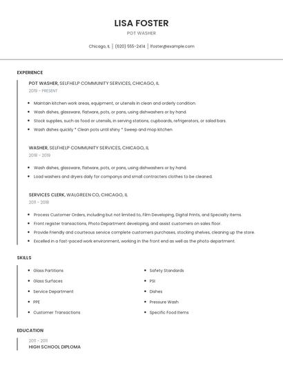 Pot Washer Resume