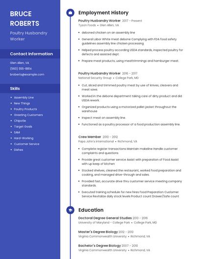 Poultry Husbandry Worker Resume