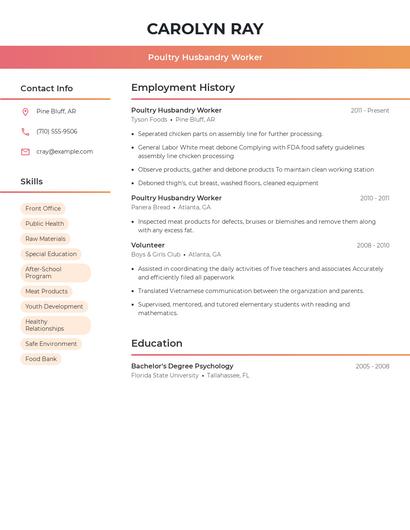 Poultry Husbandry Worker Resume