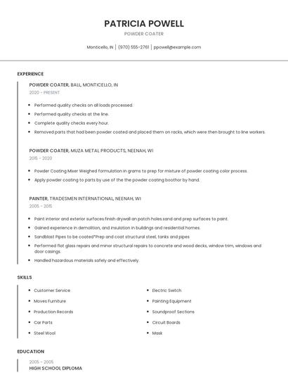Powder Coater Resume