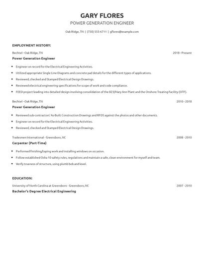 Power Generation Engineer Resume