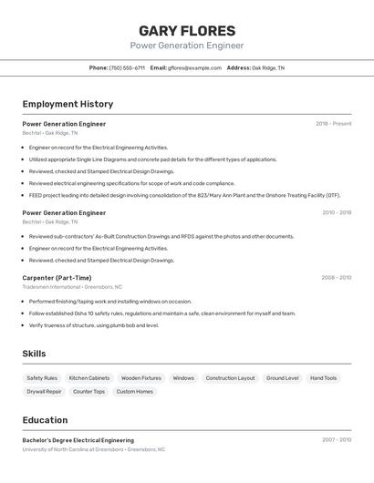Power Generation Engineer Resume