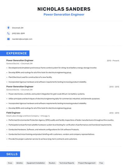 Power Generation Engineer Resume