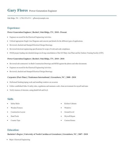 Power Generation Engineer Resume