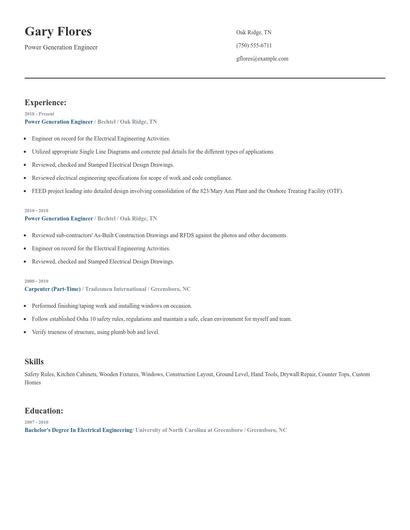 Power Generation Engineer Resume