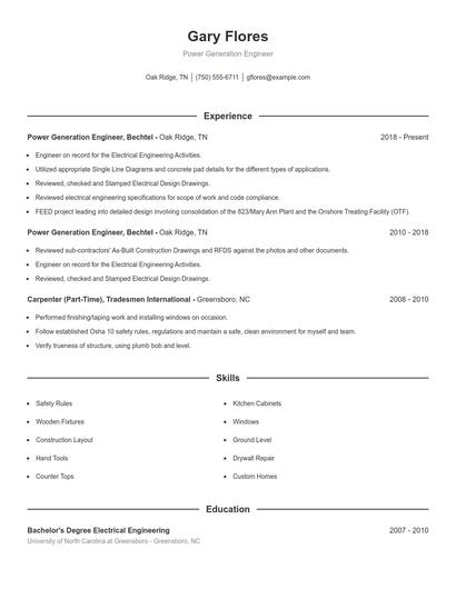 Power Generation Engineer Resume
