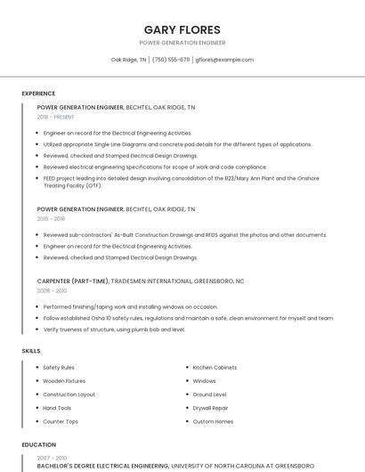 Power Generation Engineer Resume