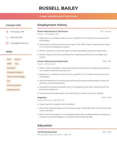 Power Maintenance Technician Resume