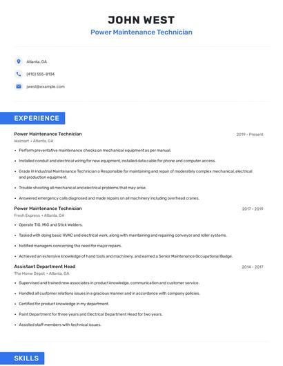 Power Maintenance Technician Resume