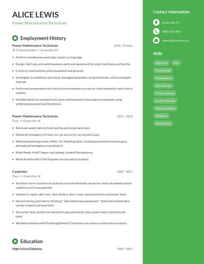 Power Maintenance Technician Resume