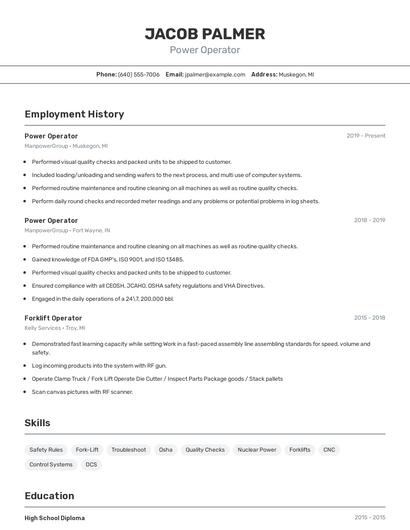 Power Operator Resume