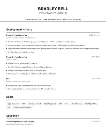 Power System Operator Resume