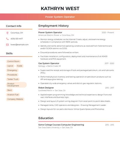 Power System Operator Resume