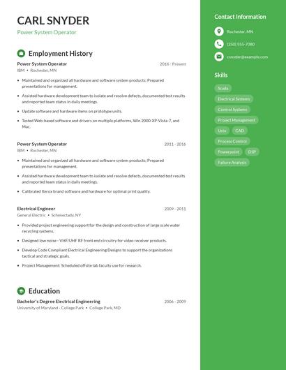 Power System Operator Resume