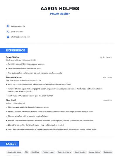 Power Washer Resume