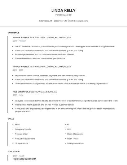 Power Washer Resume