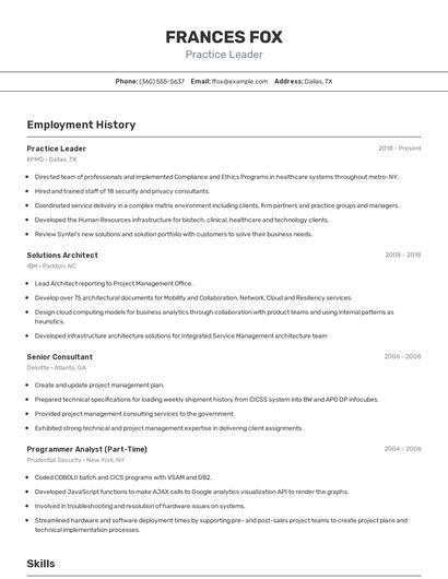 Practice Leader Resume