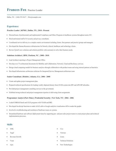 Practice Leader Resume