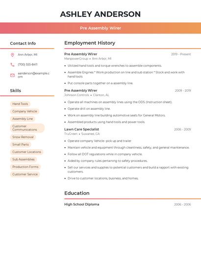 Pre Assembly Wirer Resume