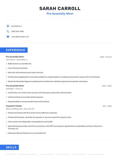 Pre Assembly Wirer Resume