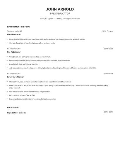 Pre-Fabricator Resume